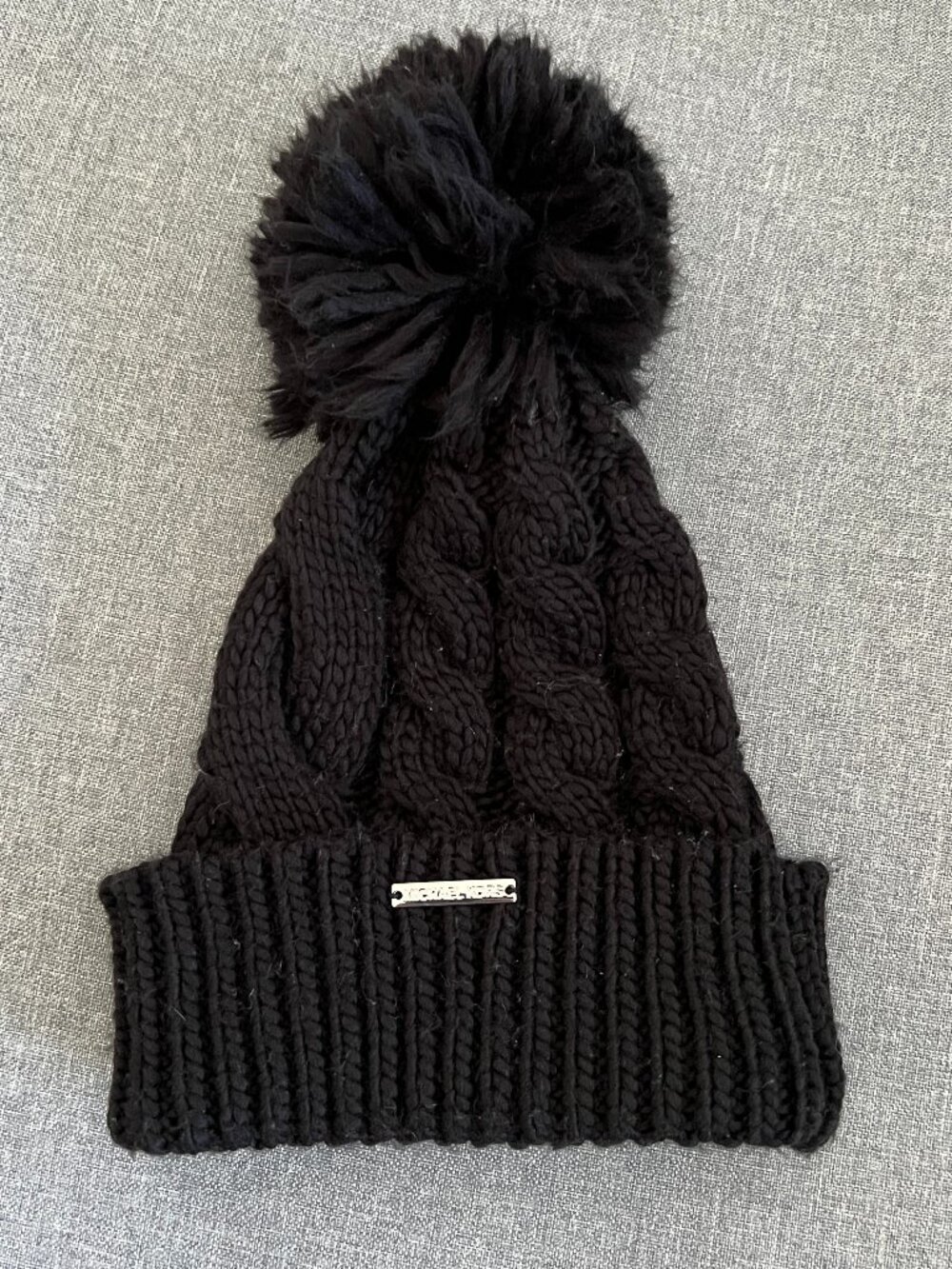 Michael Kors Cable Knit Cuff Pom Beanie Chunky Knit Black One Size